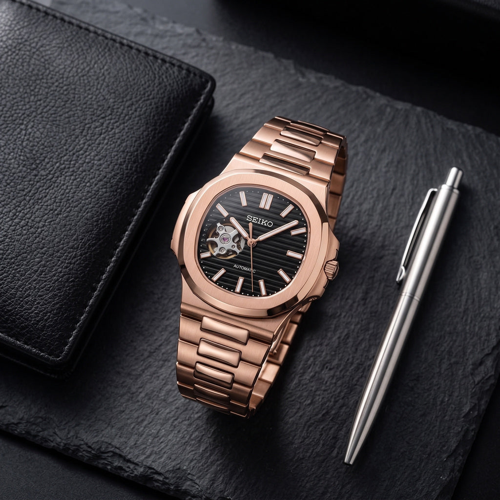 Naut Mod – Rose Gold · Black Open-Heart Dial – 41mm – Automatic – lifestyle flat lay