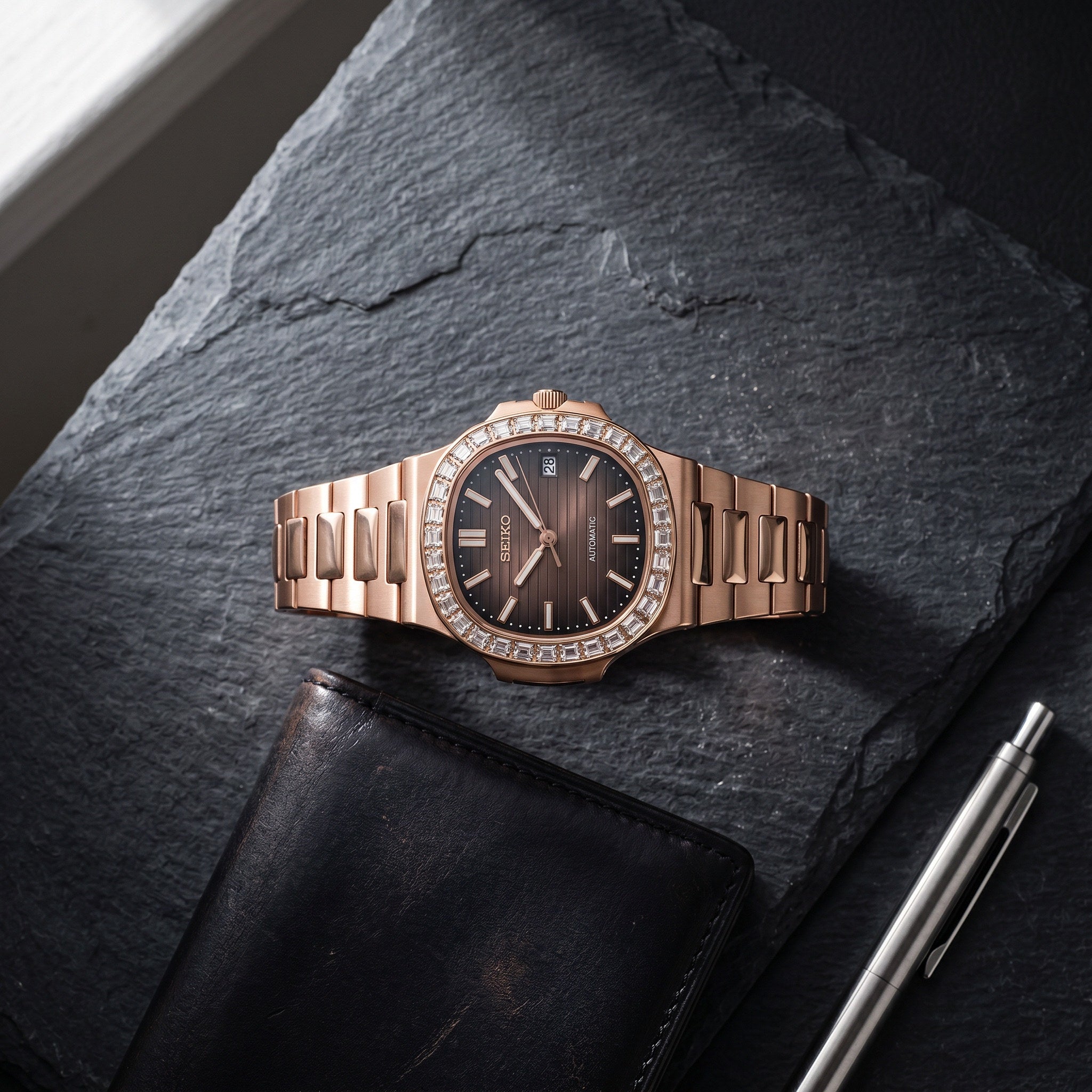 Naut Mod – Rose Gold · Diamond Bezel · Brown Dial – 41mm – Automatic – lifestyle flat lay