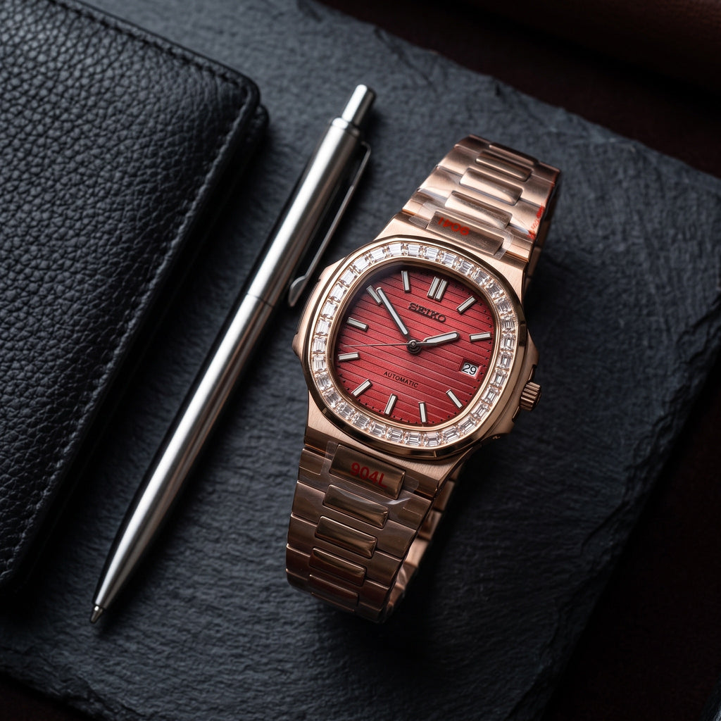 Naut Mod – Rose Gold · Diamond Bezel · Red Dial – 41mm – Automatic – lifestyle flat lay
