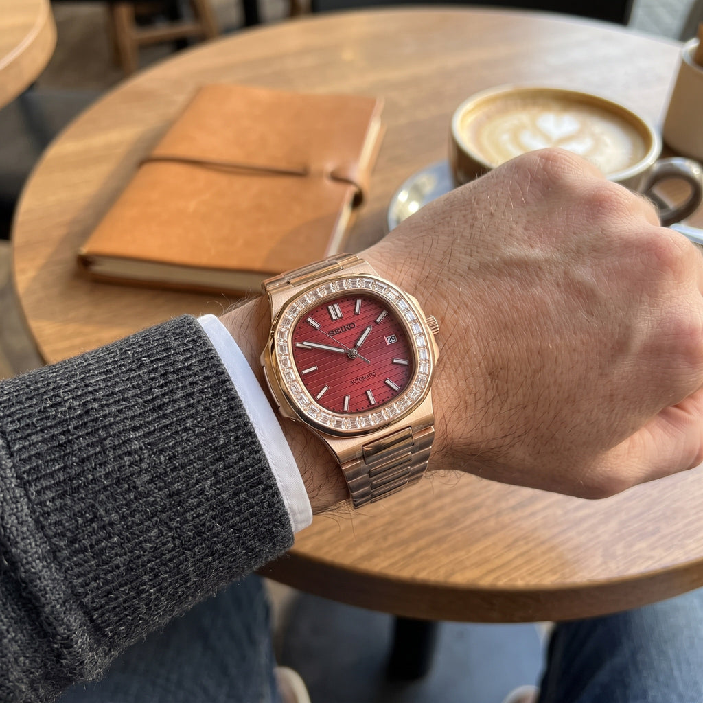 Naut Mod – Rose Gold · Diamond Bezel · Red Dial – 41mm – Automatic – on-wrist view
