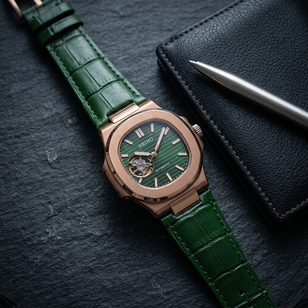 Naut Mod – Rose Gold · Green Open-Heart · Leather – 41mm – Automatic – lifestyle flat lay