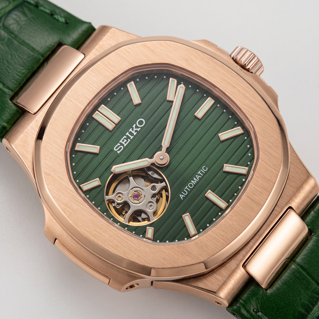 Naut Mod – Rose Gold · Green Open-Heart · Leather – 41mm – Automatic – dial detail