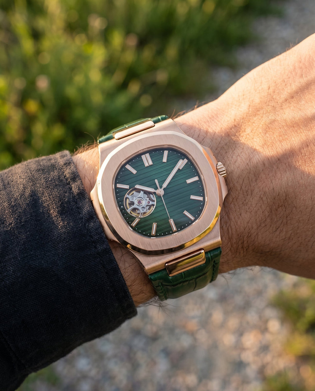 Naut Mod – Rose Gold · Green Open-Heart · Leather – 41mm – Automatic - on-wrist lifestyle