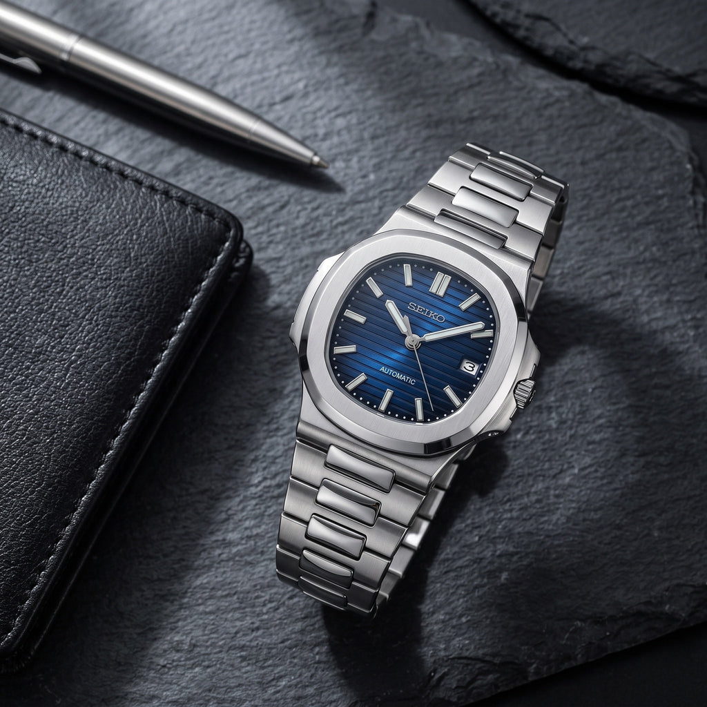 Naut Mod – Steel · Blue Dial – 41mm – Automatic – lifestyle flat lay