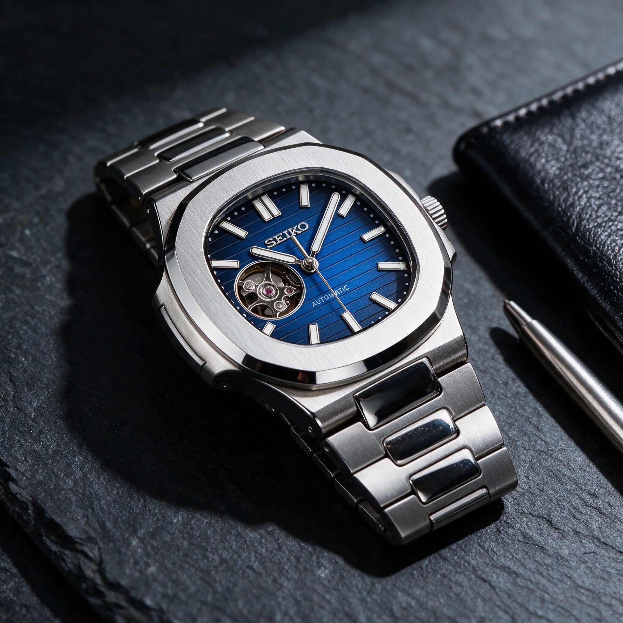 Naut Mod – Steel · Blue Open-Heart Dial – 41mm – Automatic – lifestyle flat lay