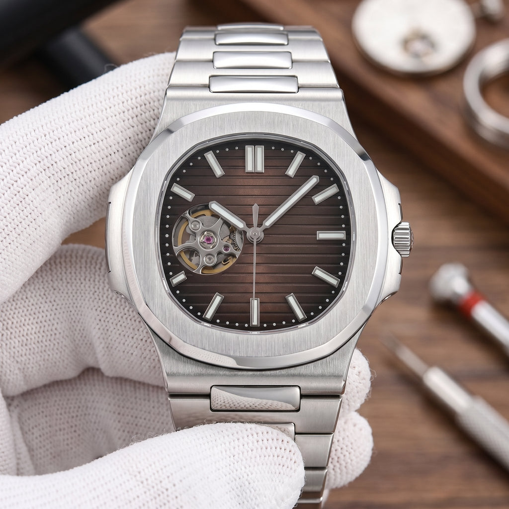 Naut Mod – Steel · Brown Open-Heart Dial – 41mm – Automatic - close-up detail