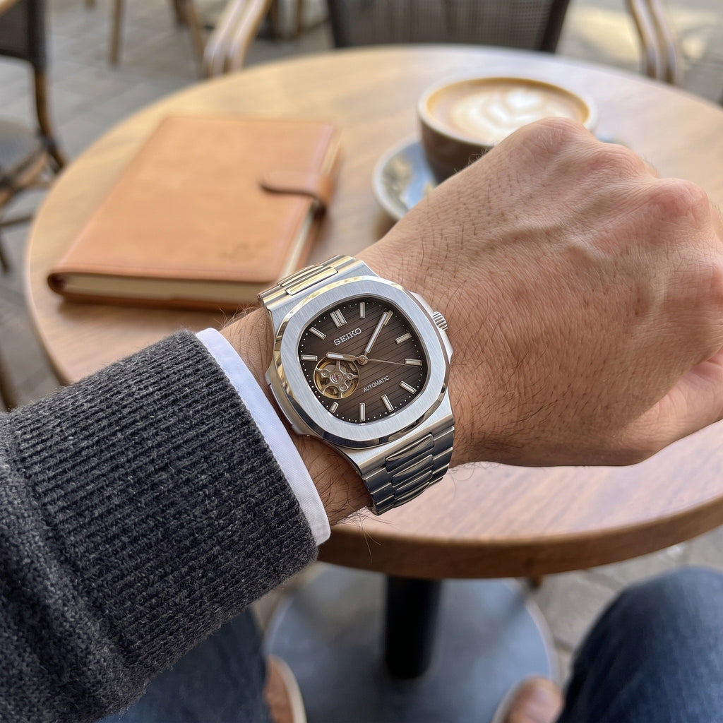 Naut Mod – Steel · Brown Open-Heart Dial – 41mm – Automatic – on-wrist view
