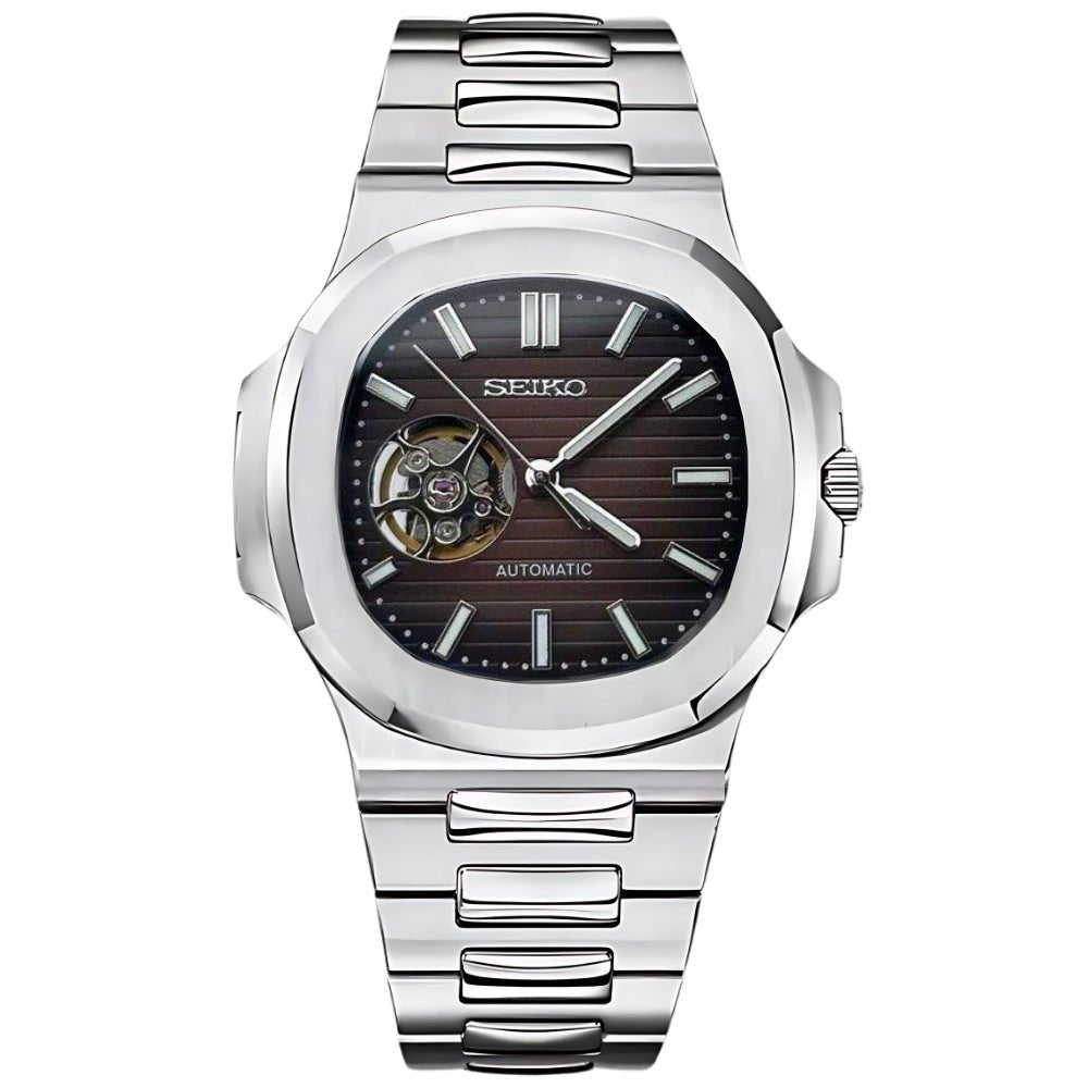 Naut Mod – Steel · Brown Open-Heart Dial – 41mm – Automatic — with Seiko logo