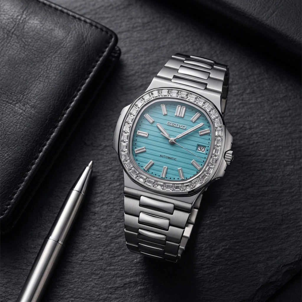 Naut Mod – Steel · Diamond Bezel · Teal Dial – 41mm – Automatic – lifestyle flat lay
