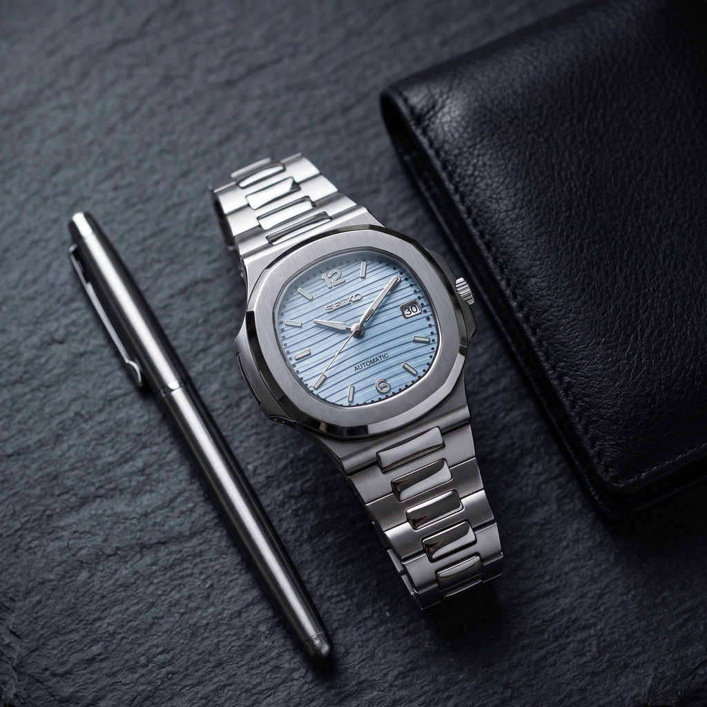 Naut Mod – Steel · Light Blue Dial – 41mm – Automatic – lifestyle flat lay