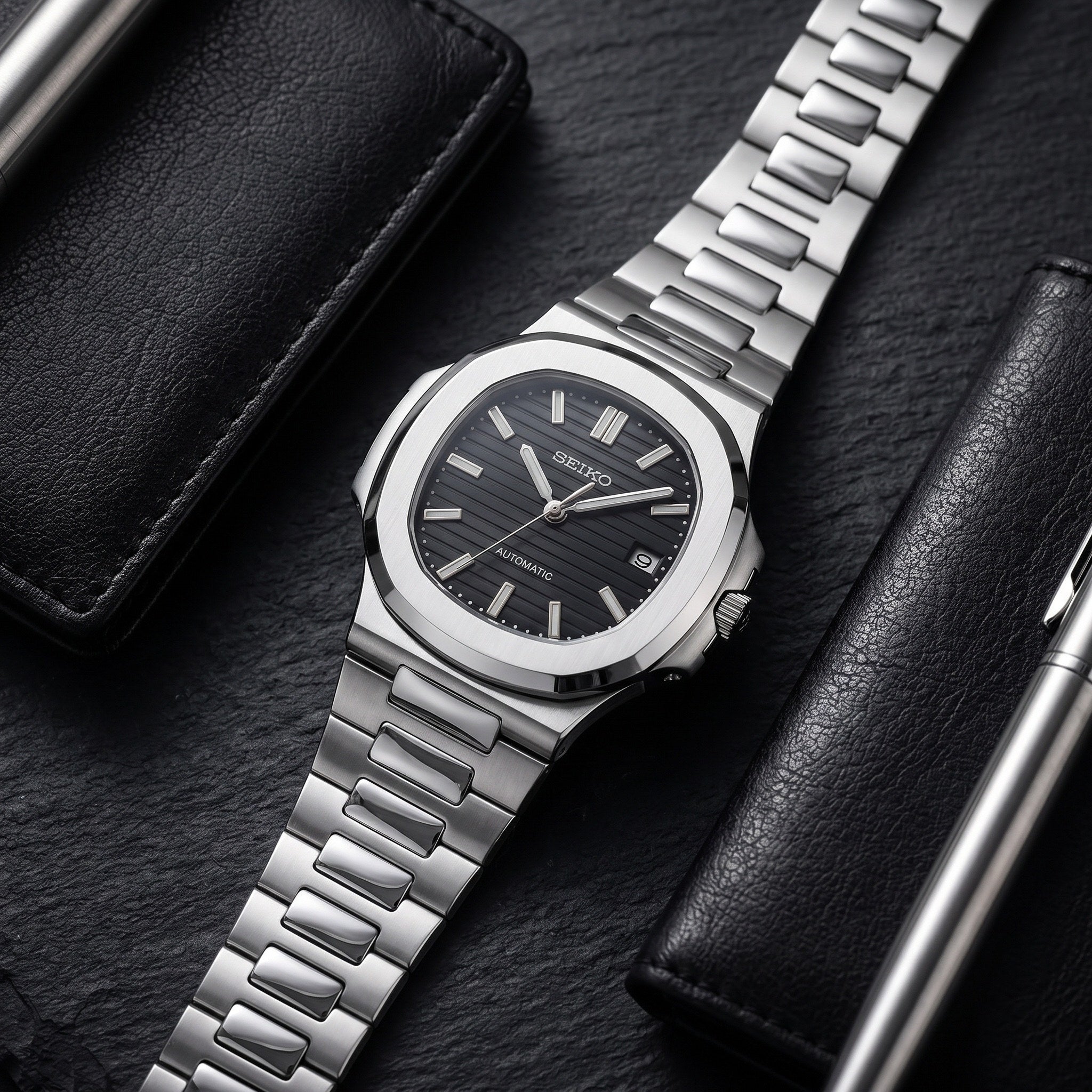 Naut Mod – Steel · Slate Blue Dial – 41mm – Automatic – lifestyle flat lay