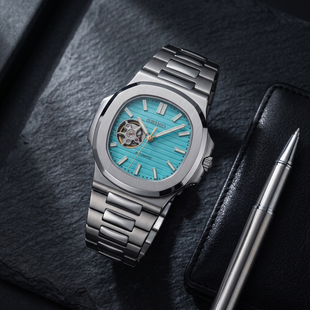 Naut Mod – Steel · Teal Open-Heart Dial – 41mm – Automatic – lifestyle flat lay