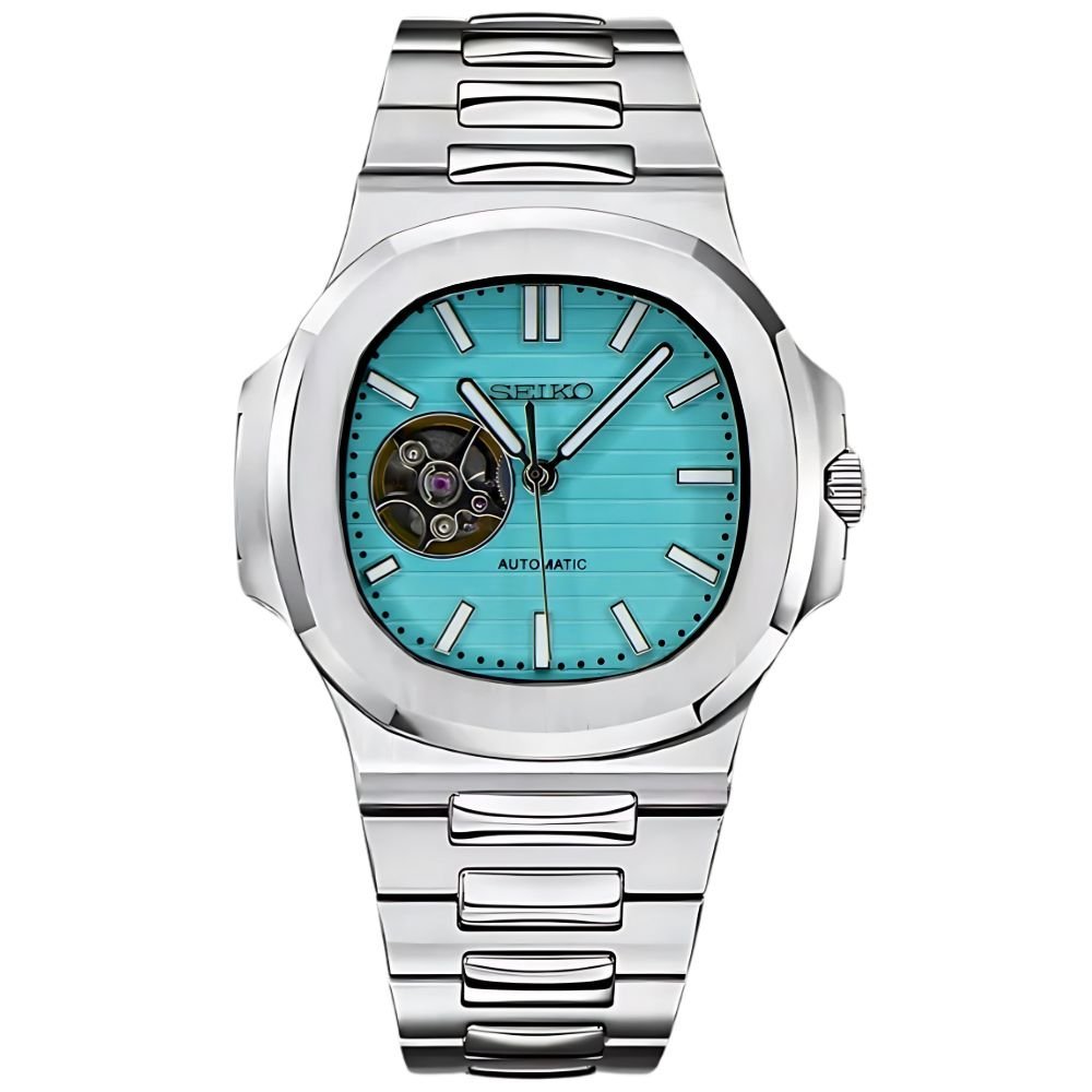 Naut Mod – Steel · Teal Open-Heart Dial – 41mm – Automatic — with Seiko logo