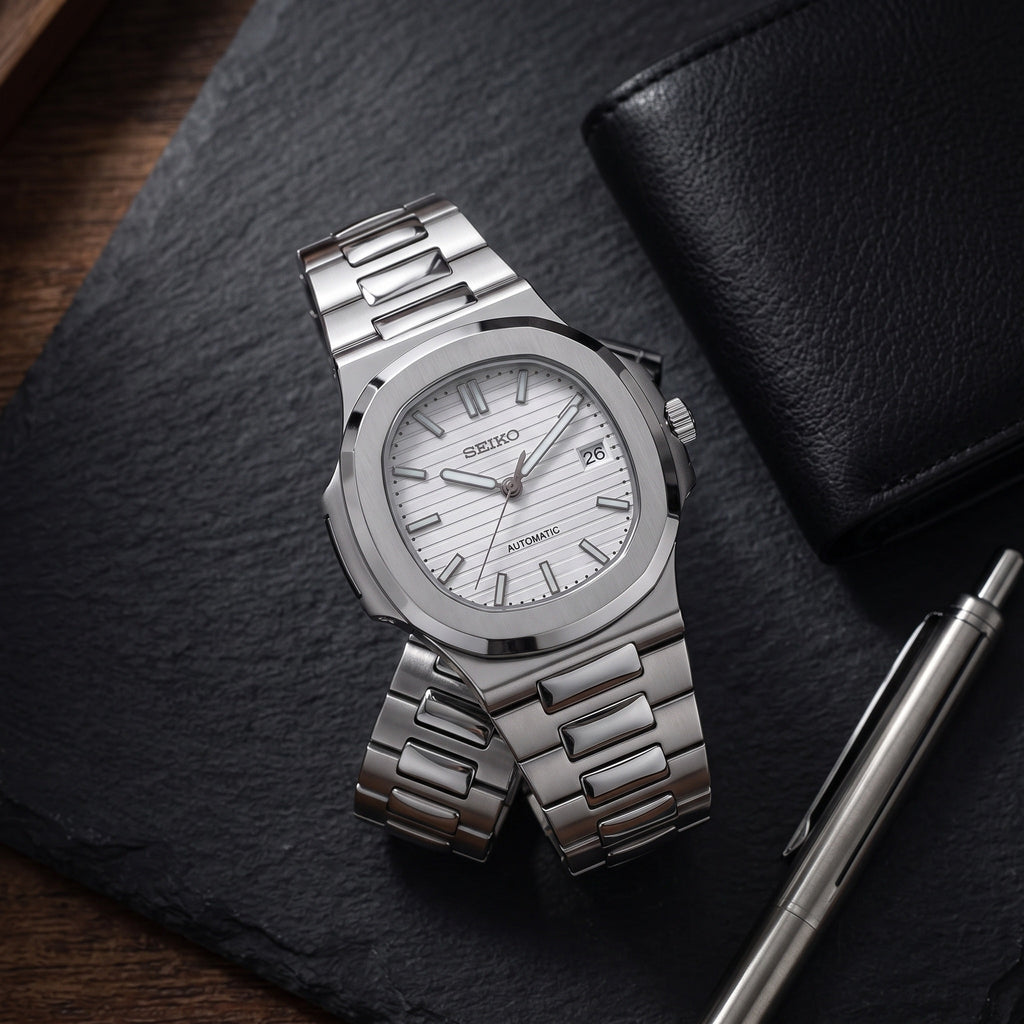Naut Mod – Steel · White Dial – 41mm – Automatic – lifestyle flat lay