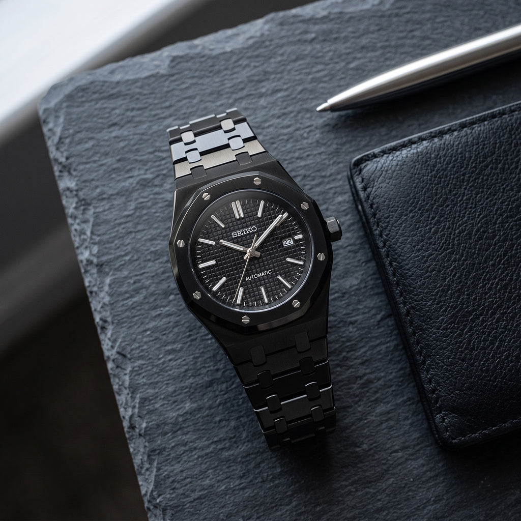 Oak Mod – Black PVD · Black Dial – 41mm – Automatic – lifestyle flat lay