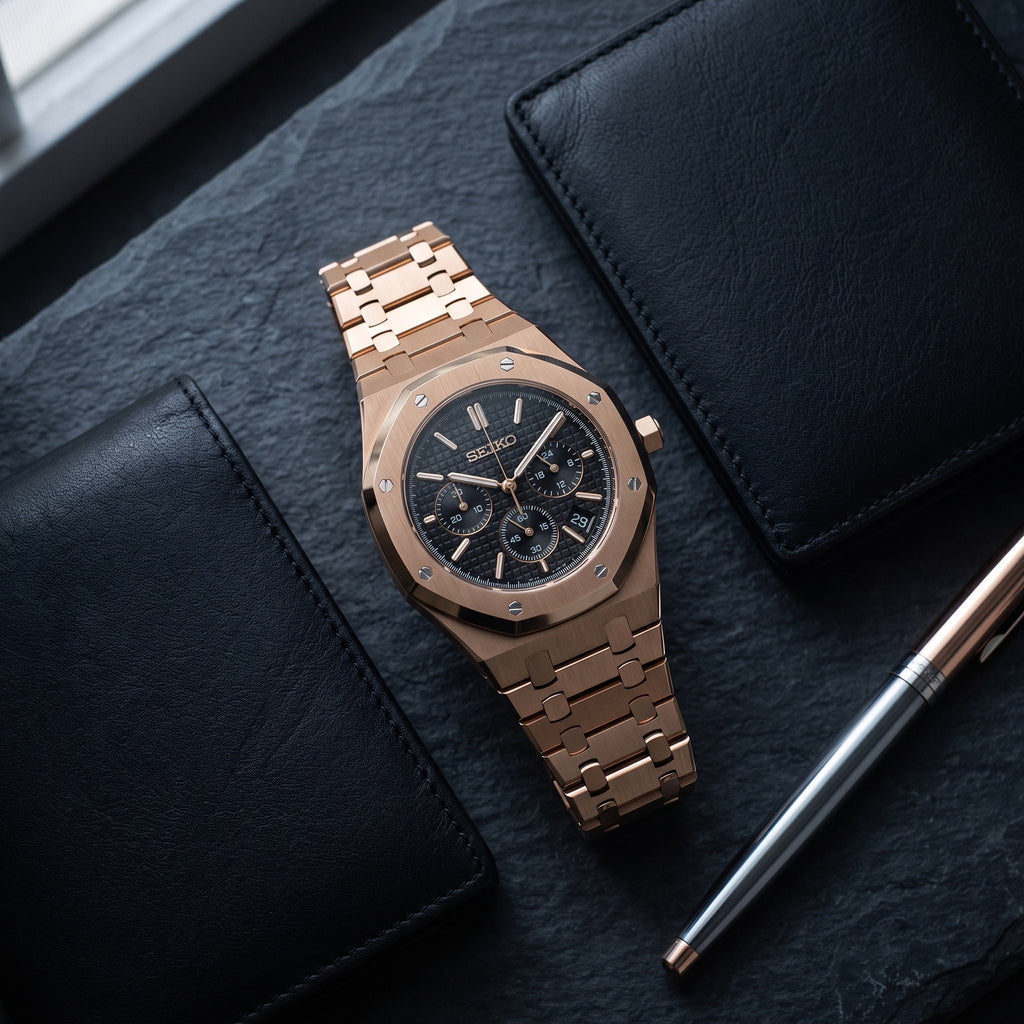 Oak Mod – Gold · Black Skeleton Dial – 41mm – Automatic – lifestyle flat lay