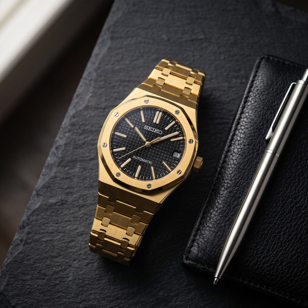 Oak Mod – Gold · Black Tapisserie Dial – 41mm – Automatic – lifestyle flat lay