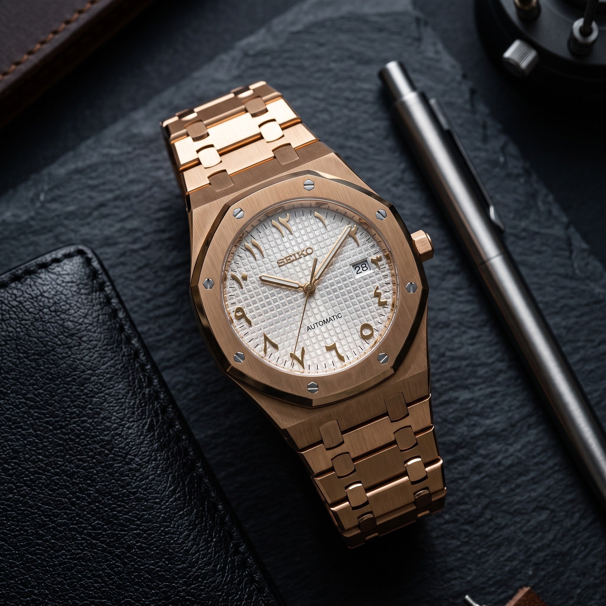 Oak Mod – Rose Gold · MOP Arabic Dial – 41mm – Automatic – lifestyle flat lay