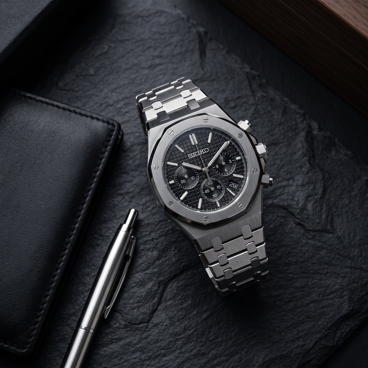 Oak Mod – Steel · Black Chronograph – 41mm – Chronograph – lifestyle flat lay