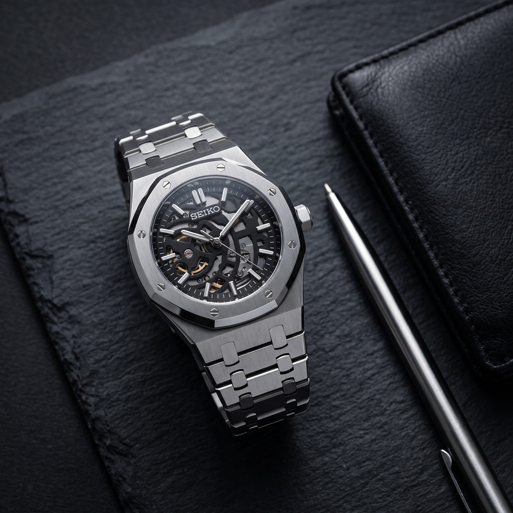 Oak Mod – Steel · Black Skeleton Dial – 41mm – Automatic – lifestyle flat lay