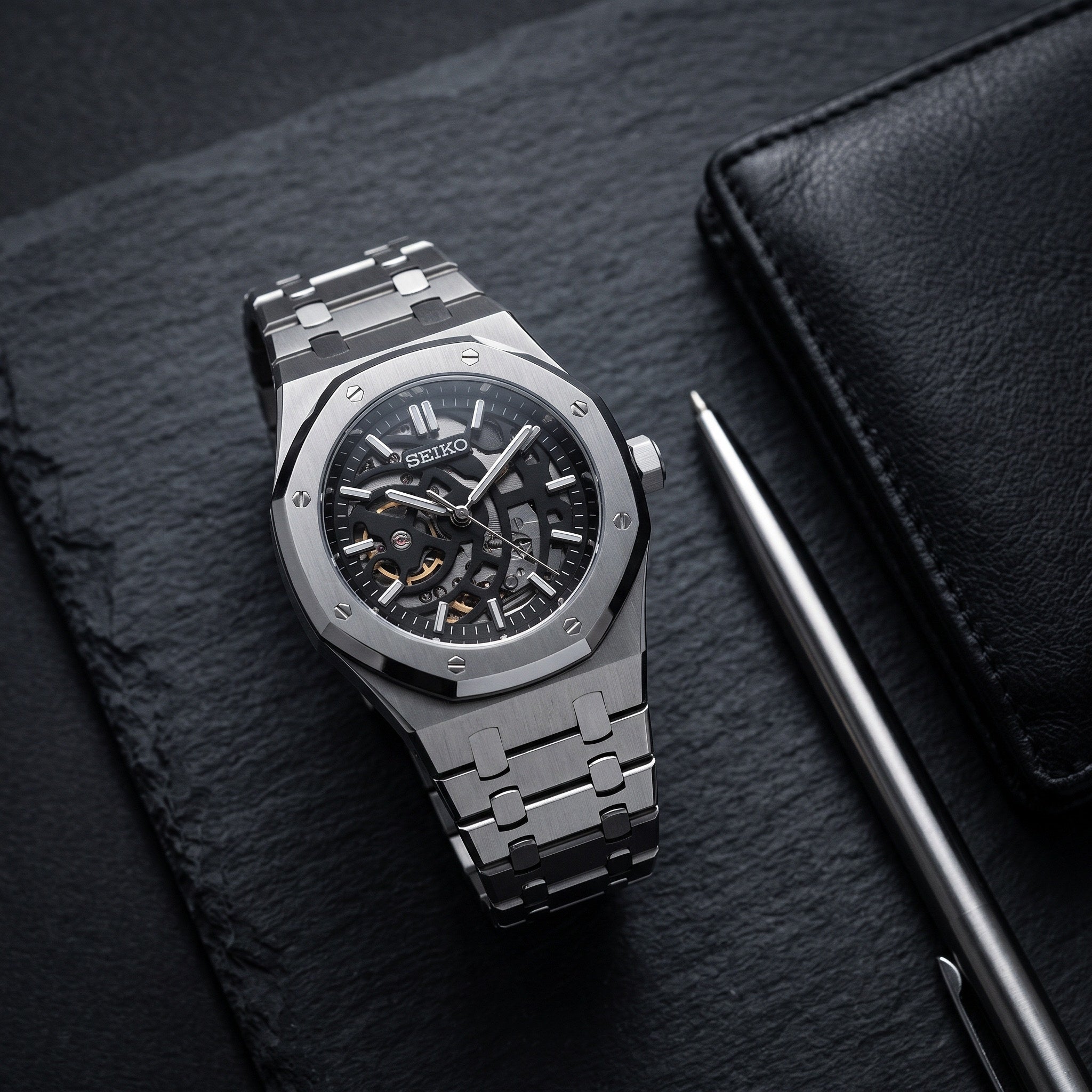 Oak Mod – Steel · Black Skeleton Dial – 41mm – Automatic – lifestyle flat lay