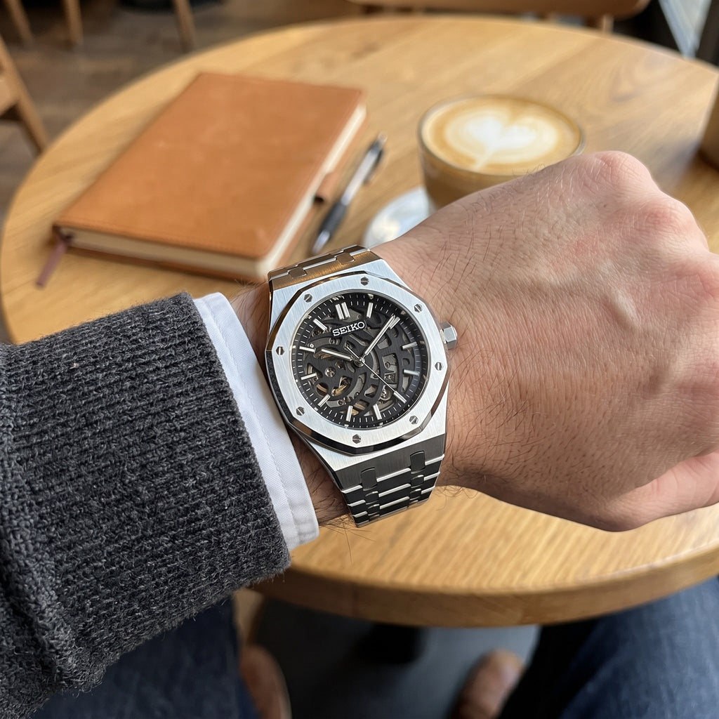 Oak Mod – Steel · Black Skeleton Dial – 41mm – Automatic – on-wrist view