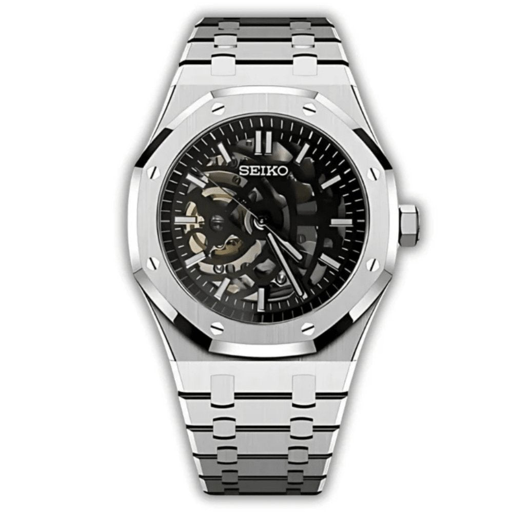 Oak Mod – Steel · Black Skeleton Dial – 41mm – Automatic — with Seiko logo