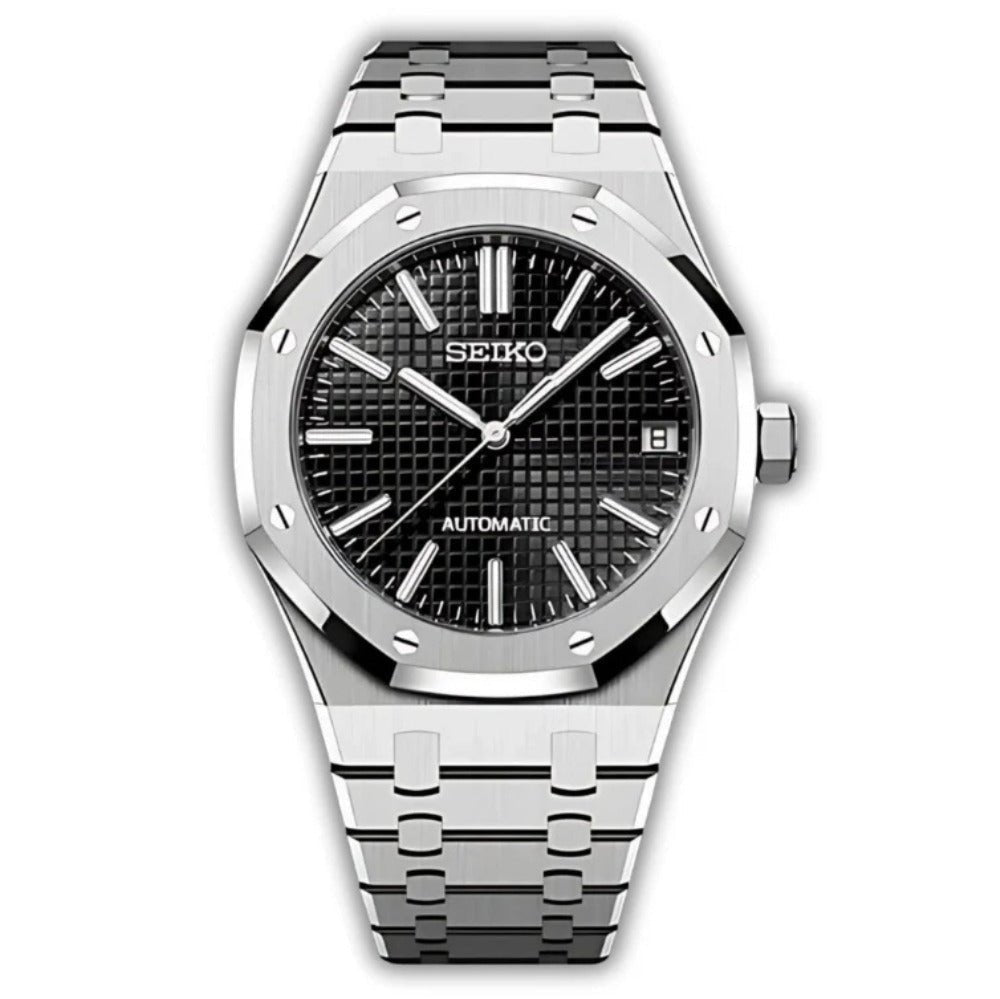 Oak Mod – Steel · Black Tapisserie Dial III – 41mm – Automatic — with Seiko logo