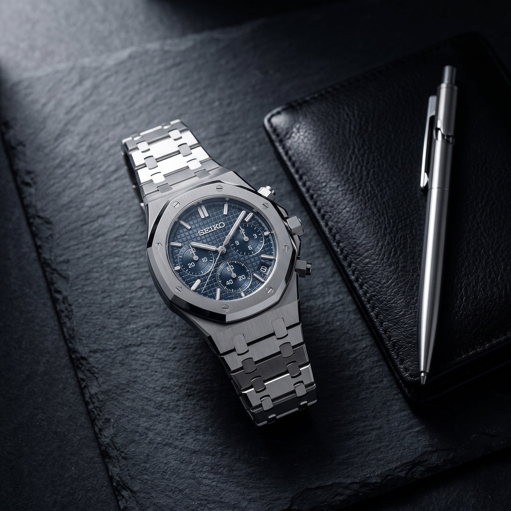 Oak Mod – Steel · Blue Chronograph II – 41mm – Chronograph – lifestyle flat lay