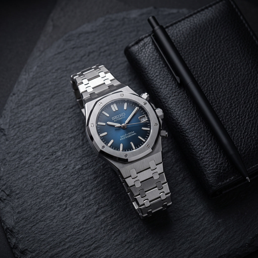 Oak Mod – Steel · Blue Dial – 41mm – Automatic – lifestyle flat lay