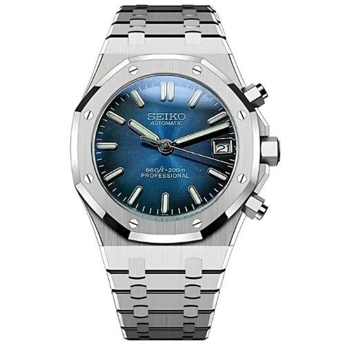 Oak Mod – Steel · Blue Dial – 41mm – Automatic — with Seiko logo