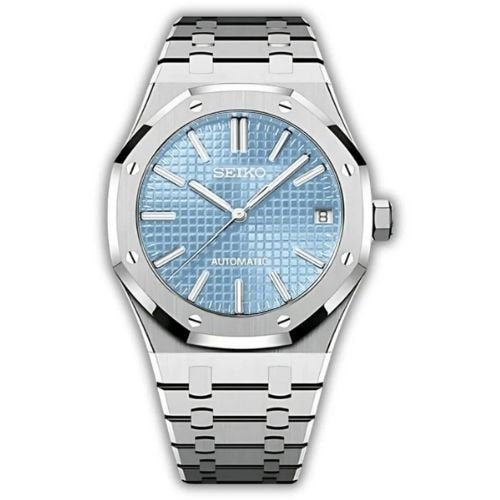 Oak Mod – Steel · Ice-Blue Dial – 41mm – Automatic — with Seiko logo
