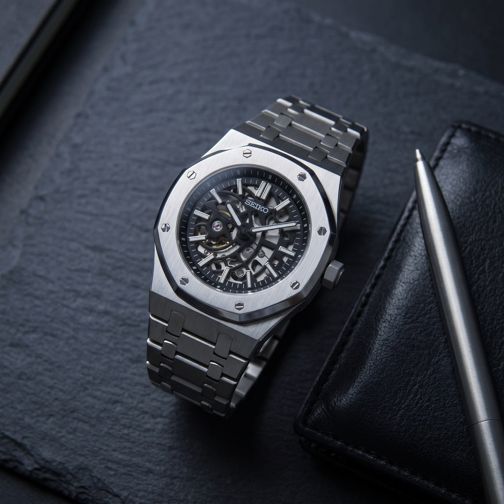 Oak Mod – Steel · Open-Heart Dial – 41mm – Automatic – lifestyle flat lay
