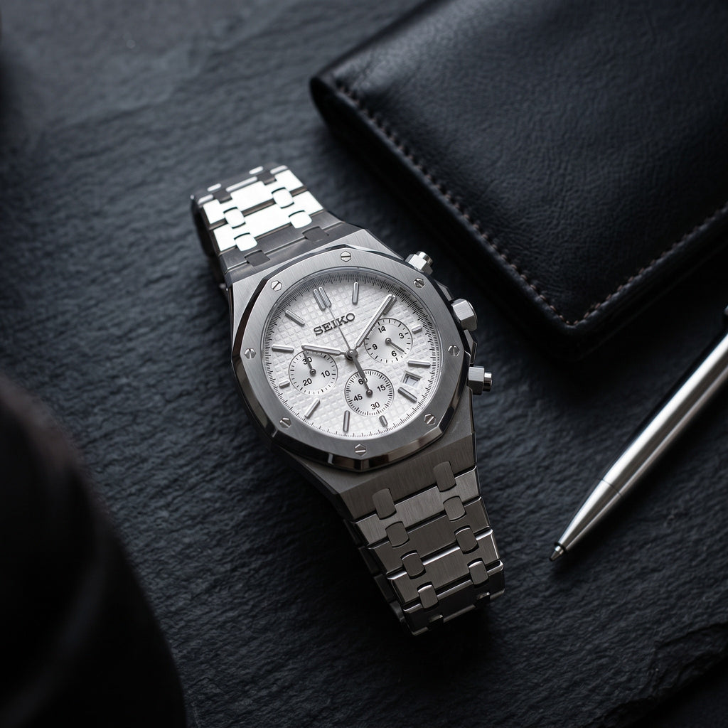 Oak Mod – Steel · White Chronograph – 41mm – Chronograph – lifestyle flat lay