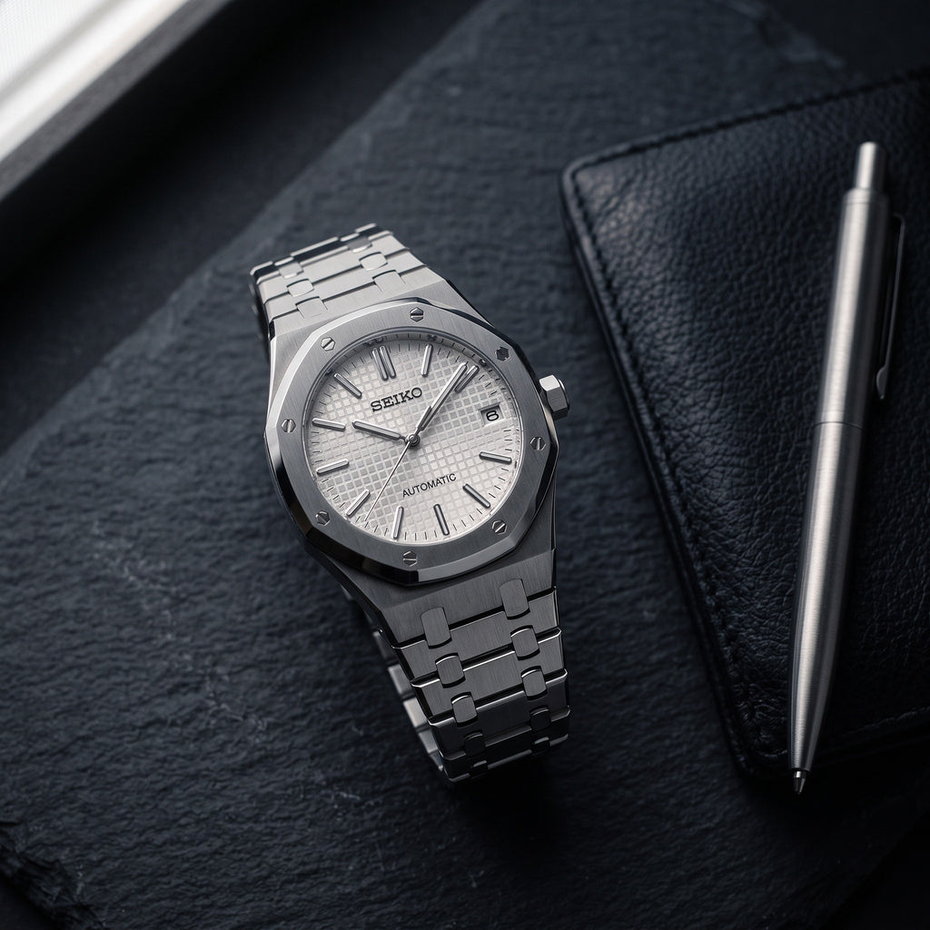Oak Mod – Steel · White Tapisserie Dial – 41mm – Automatic – lifestyle flat lay