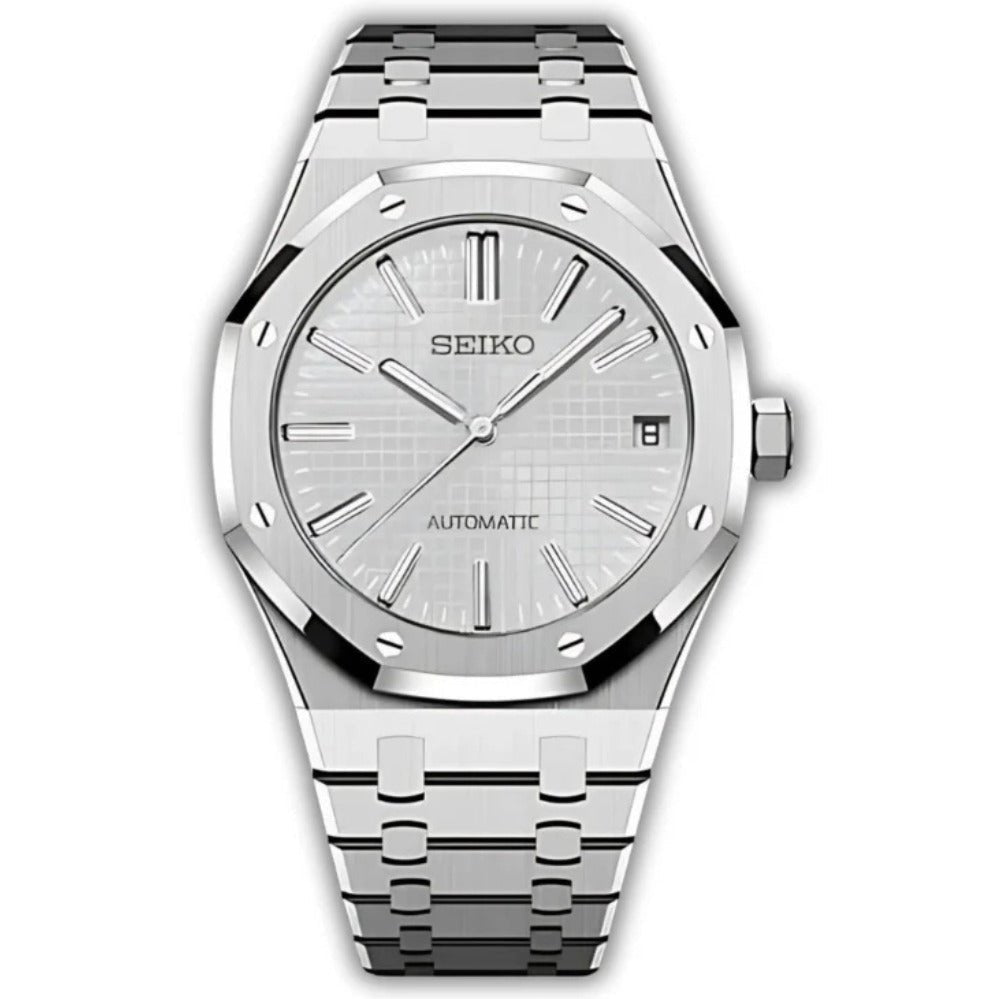 Oak Mod – Steel · White Tapisserie Dial – 41mm – Automatic — with Seiko logo