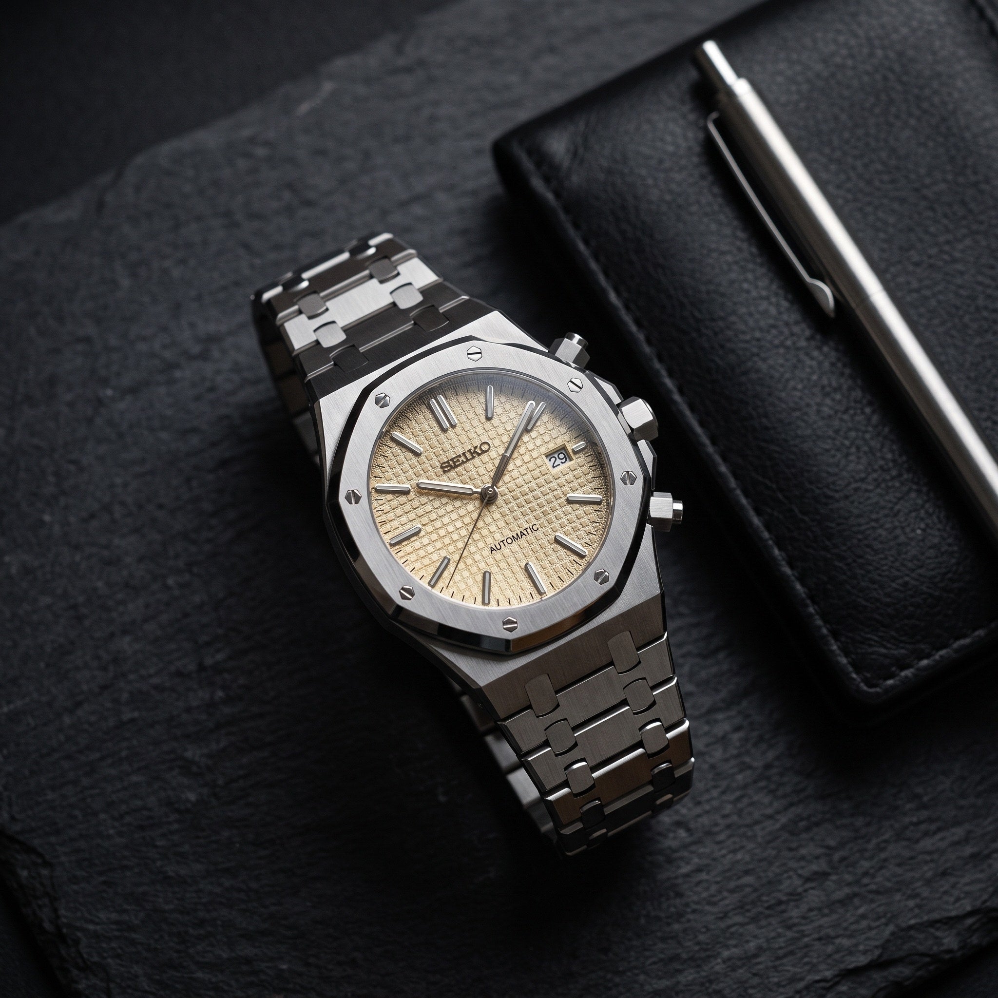 Oak Mod – Steel · Yellow Chronograph – 41mm – Chronograph – lifestyle flat lay