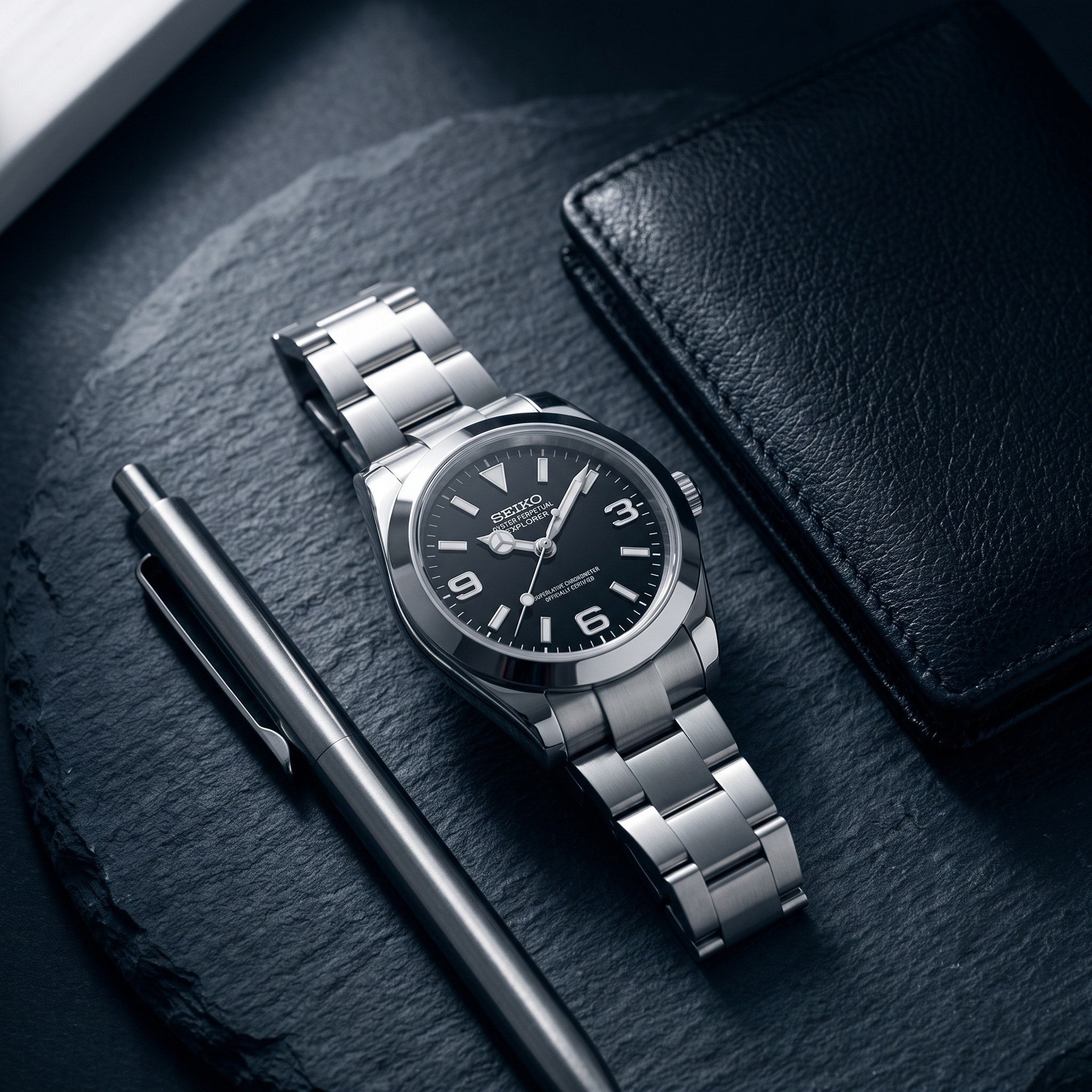Oyst Mod – Black Explorer Dial – 39mm – Automatic – lifestyle flat lay