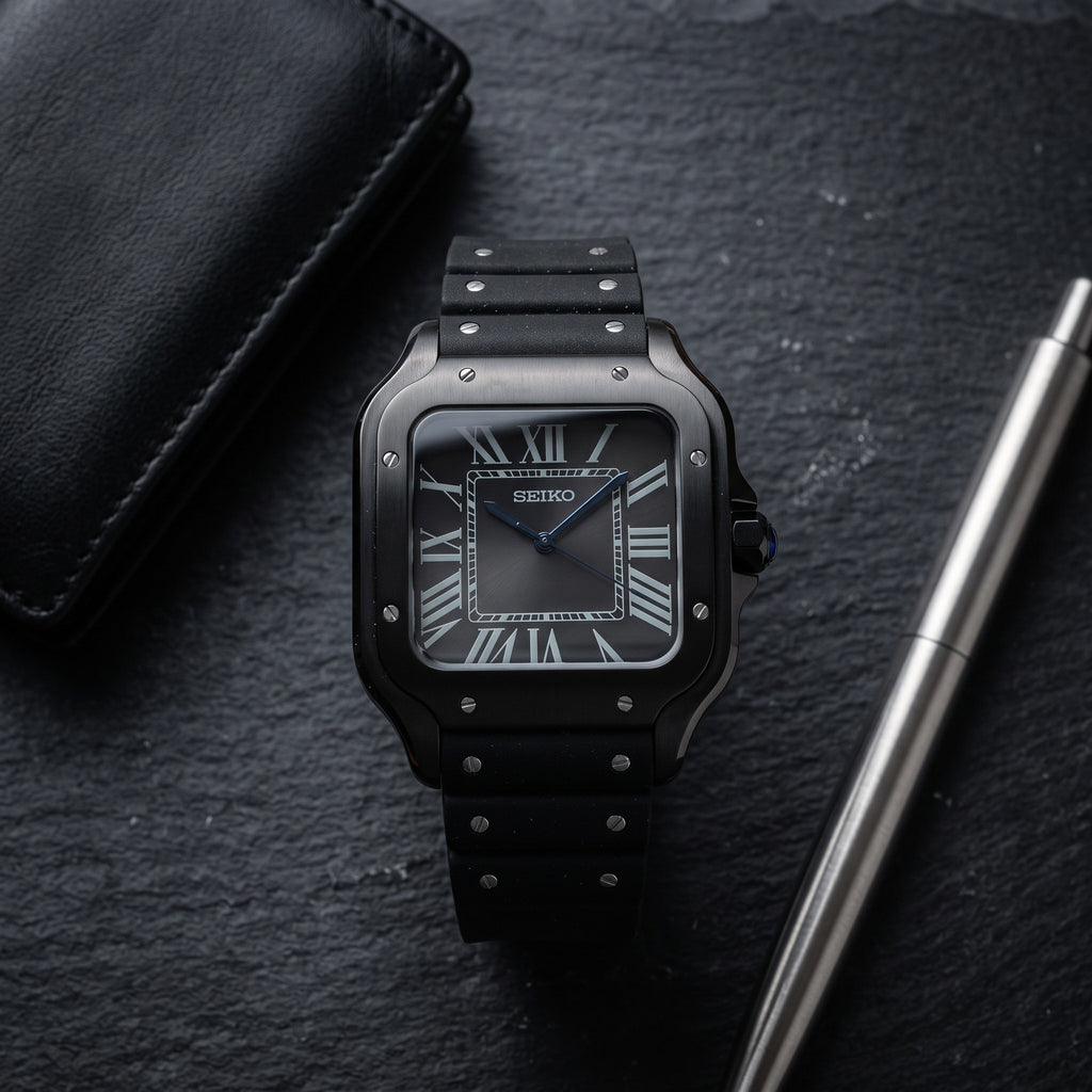 Seiktos Mod – Black Black Dial – 38mm – Automatic – lifestyle flat lay