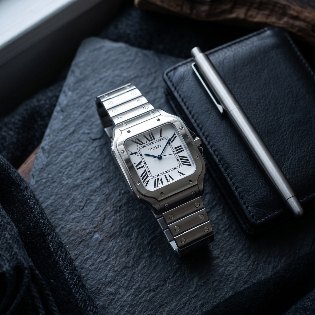 Seiktos Mod – Silver Dial – 38mm – Automatic – lifestyle flat lay
