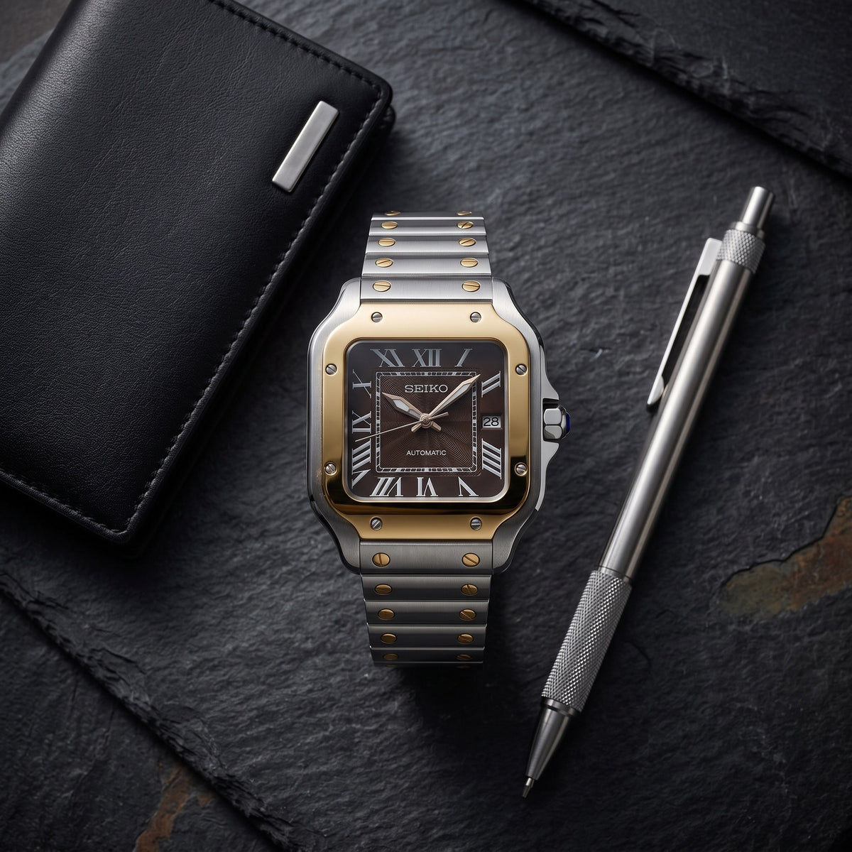 Seiktos Mod – Two-Tone Gold Brown Dial – 38mm – Automatic – lifestyle flat lay