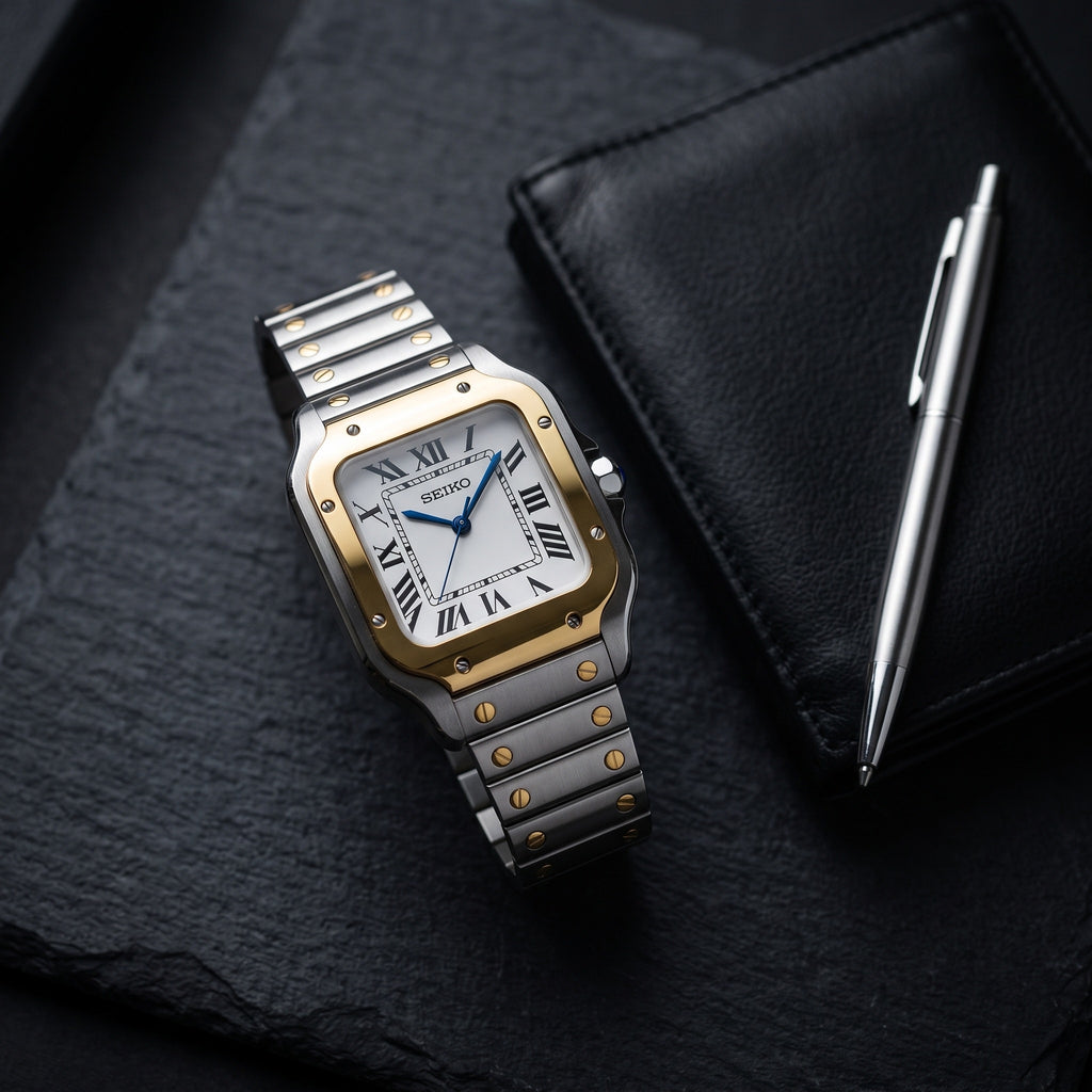Seiktos Mod – Two-Tone Gold Silver Dial – 38mm – Automatic – lifestyle flat lay