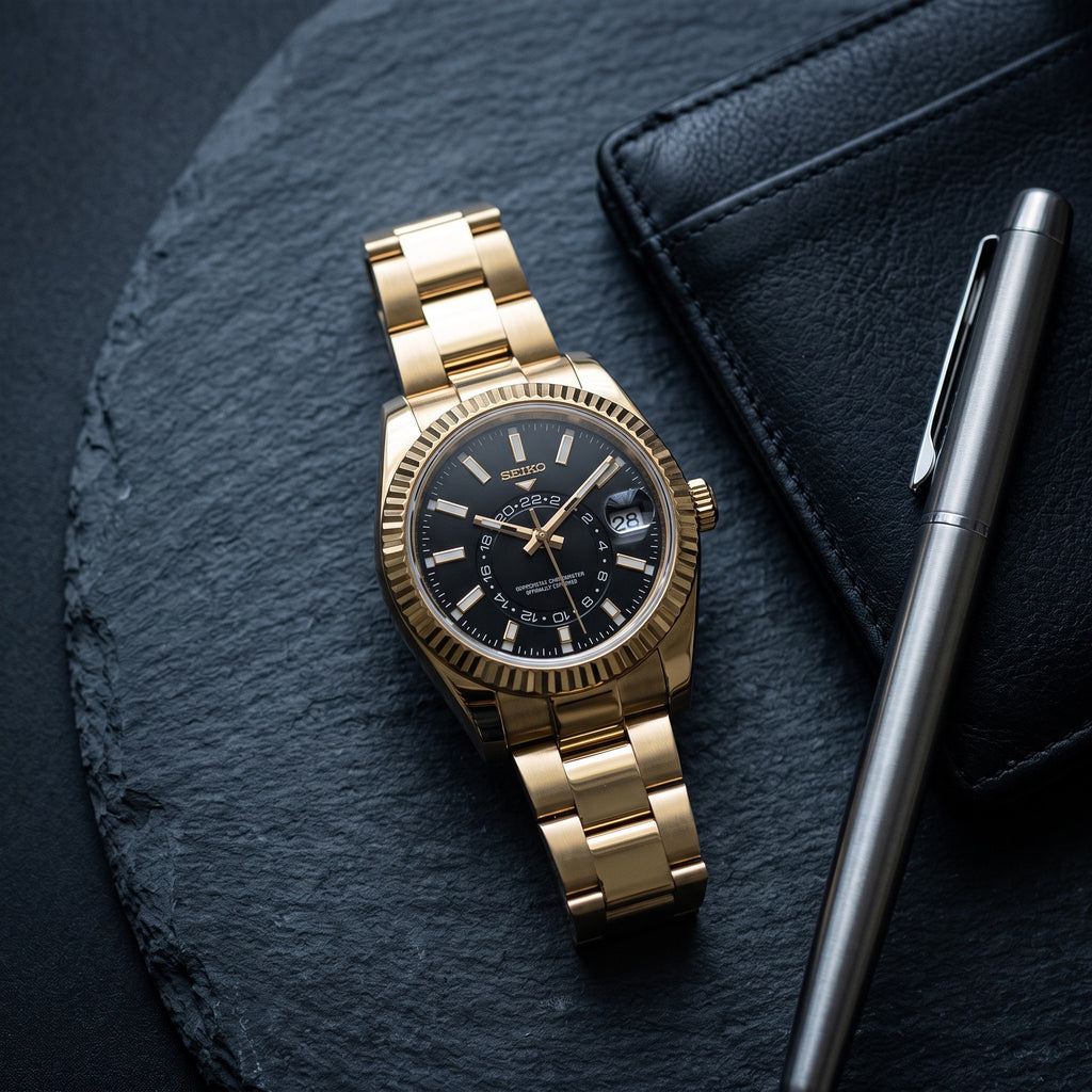 Sky Mod – Gold Black Dial – 41mm – Automatic – lifestyle flat lay