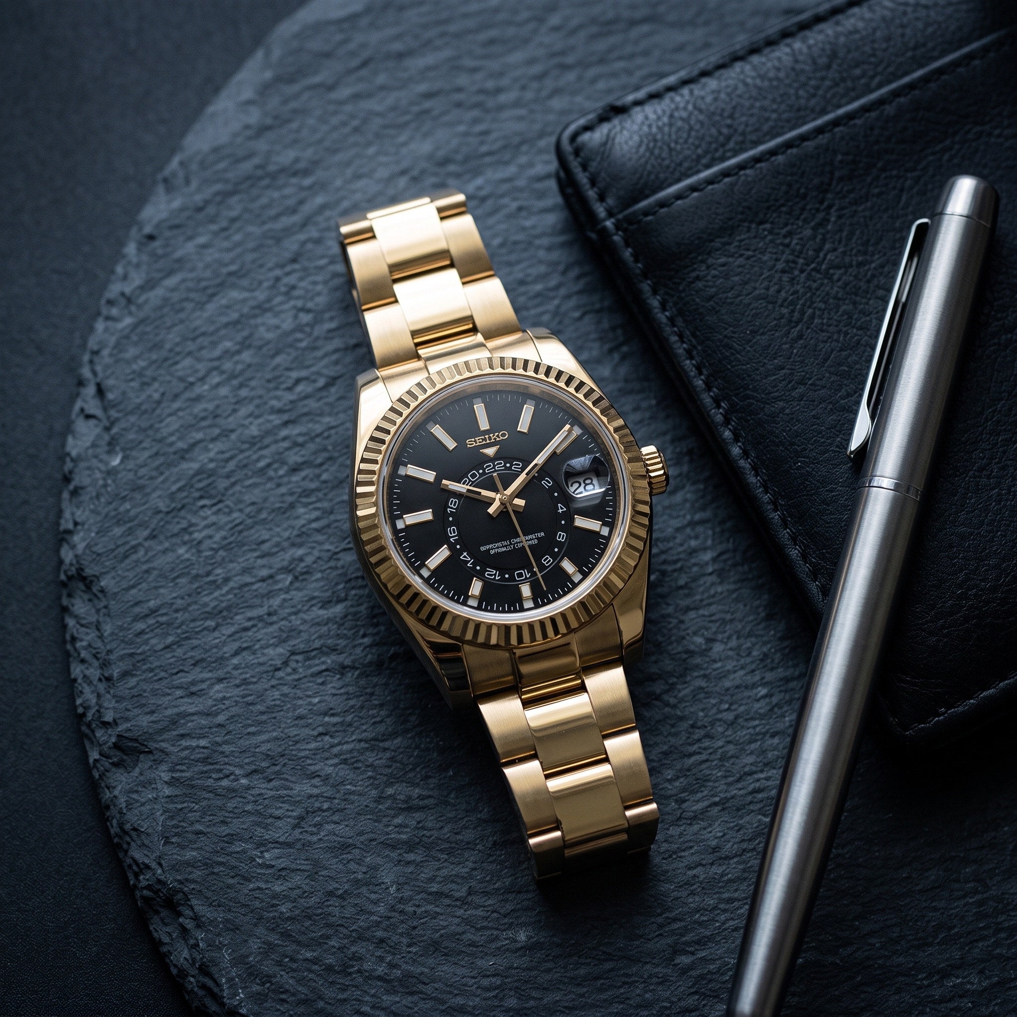 Sky Mod – Gold Black Dial – 41mm – Automatic – lifestyle flat lay