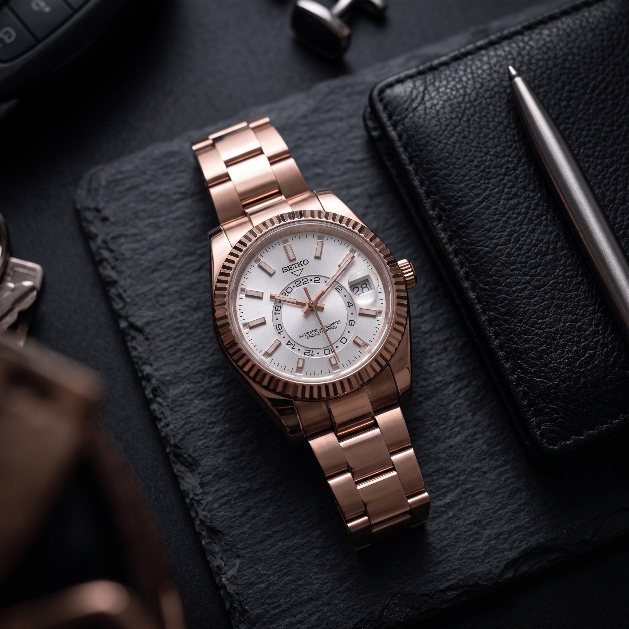 Sky Mod – Rose Gold White Dial – 41mm – Automatic – lifestyle flat lay