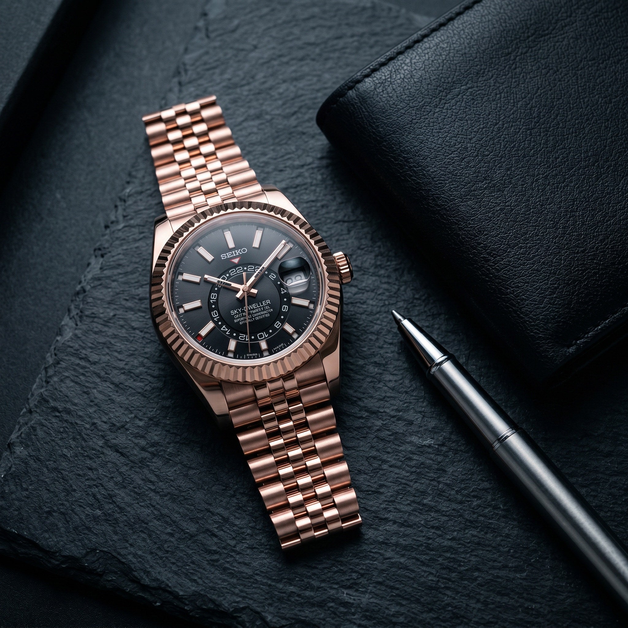 Sky Mod – Two-Tone Rose Gold Black Dial – 41mm – Automatic – lifestyle flat lay