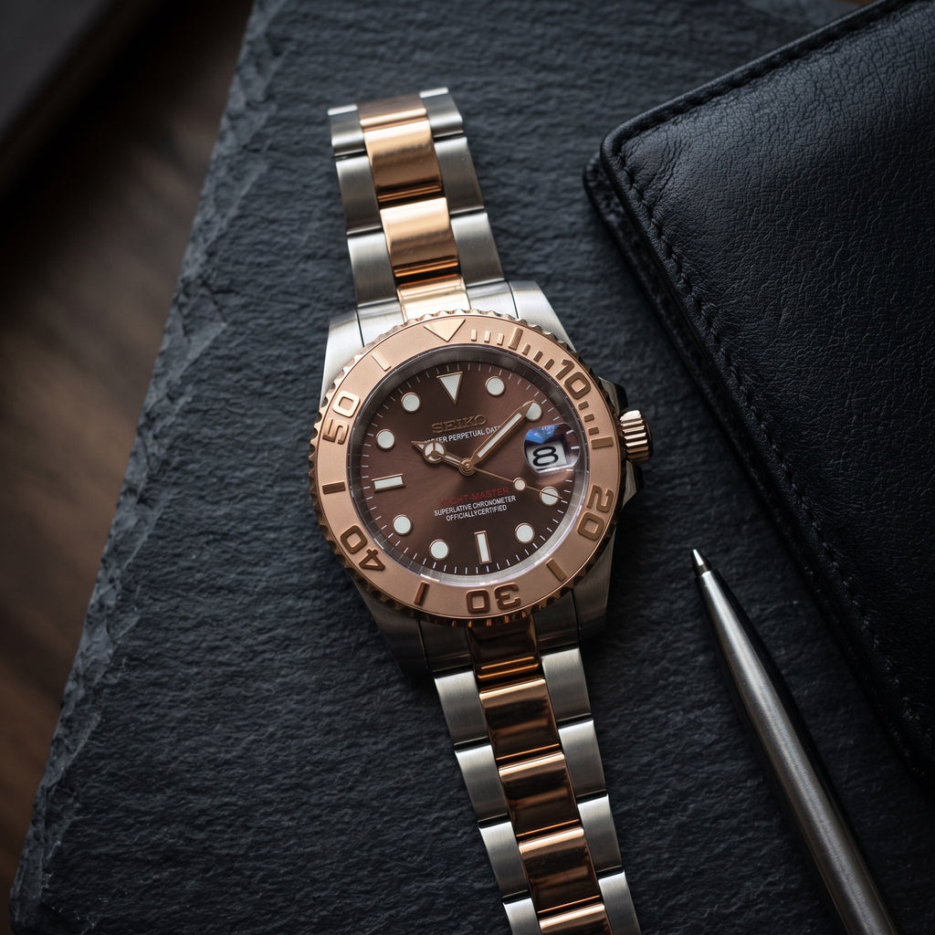 Sub Mod – Two-Tone Rose Gold Brown Dial – 40mm – Automatic – lifestyle flat lay
