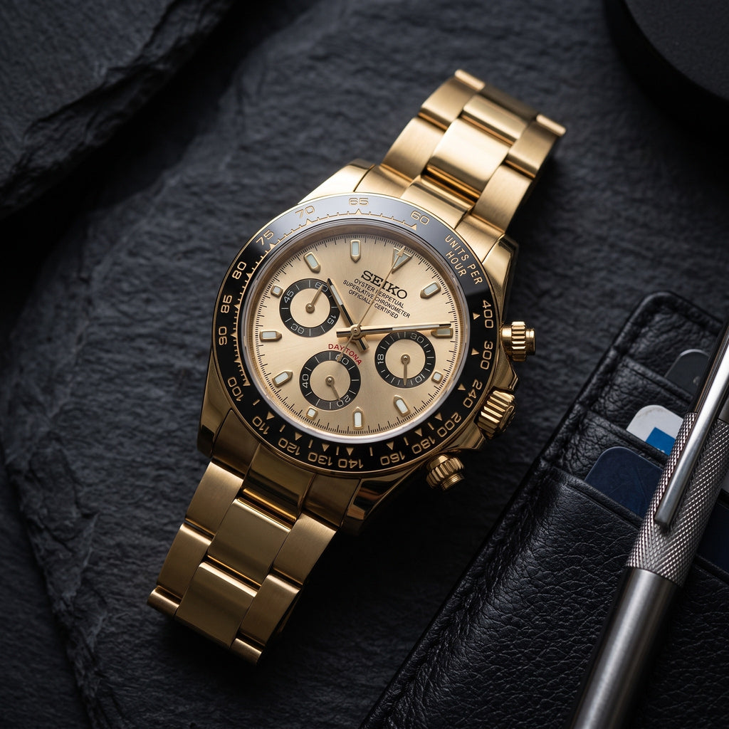 Tona Mod – Gold · Champagne Dial – 40mm – Chronograph – lifestyle flat lay