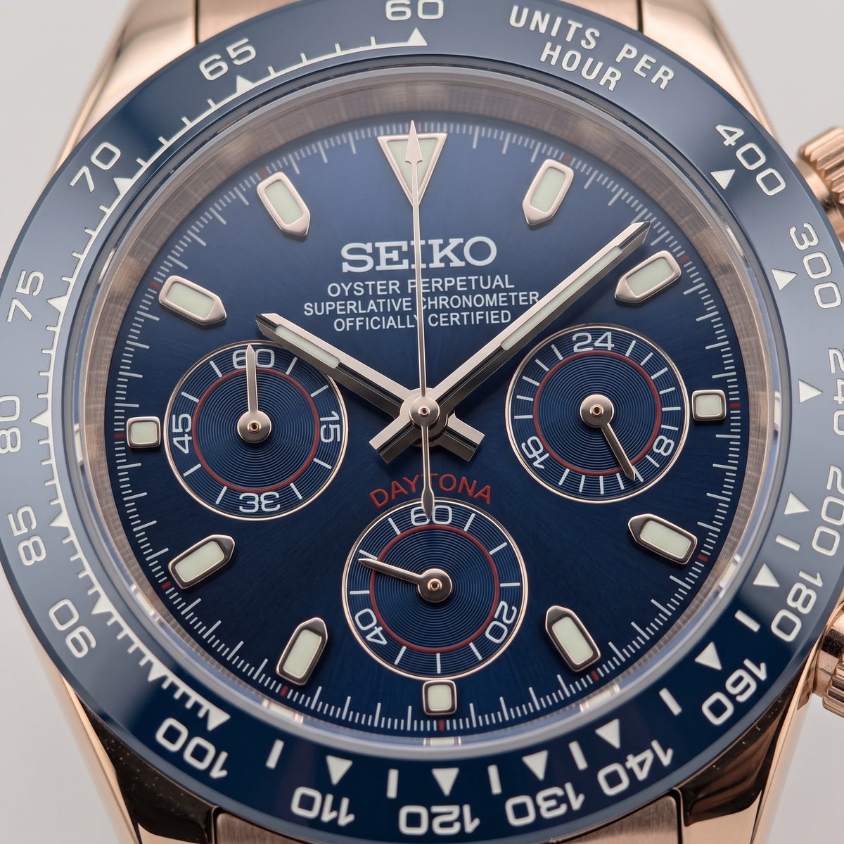 Tona Mod – Rose Gold · Blue Dial · Rubber – 40mm – Chronograph – dial detail