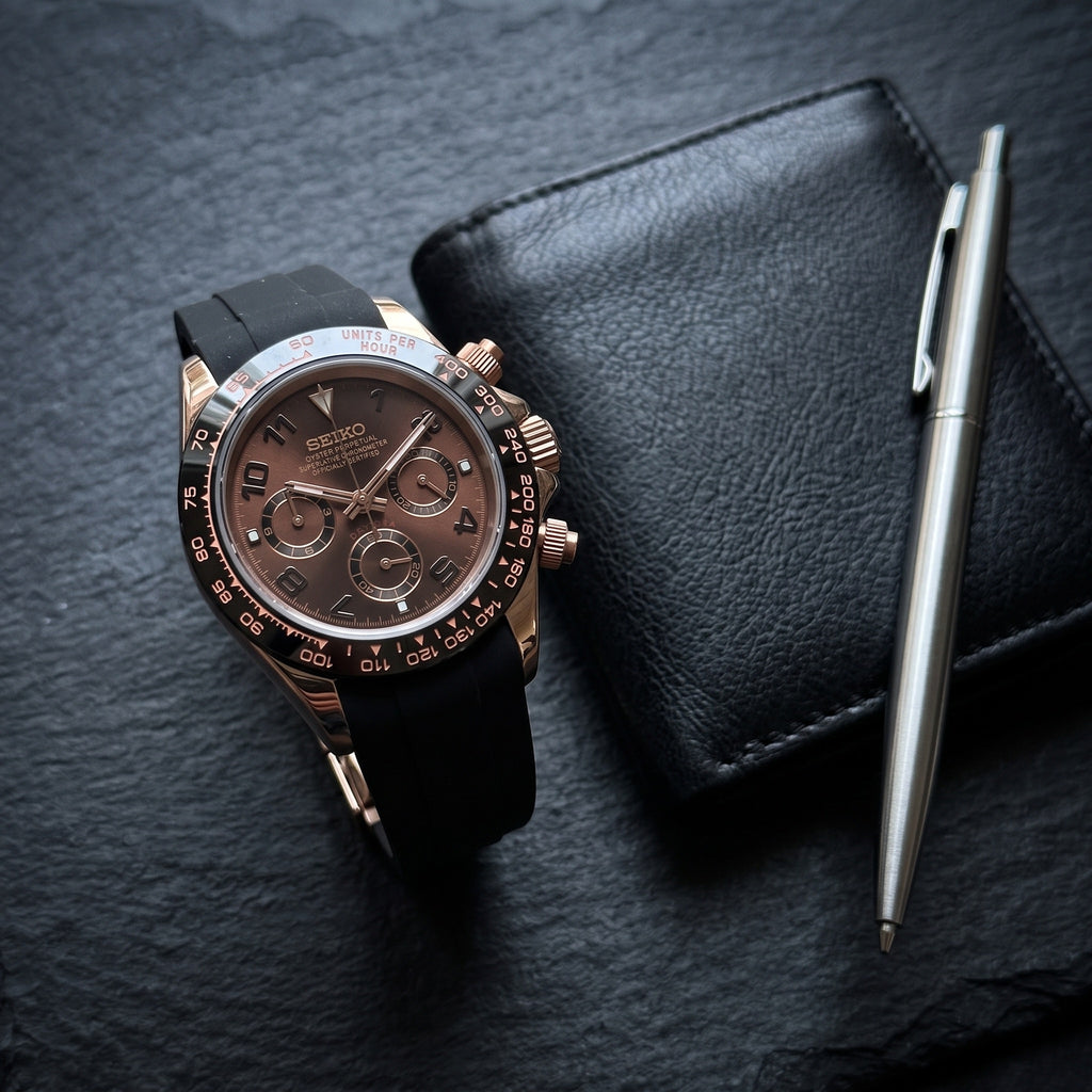 Tona Mod – Rose Gold · Brown Dial · Rubber – 40mm – Chronograph – lifestyle flat lay